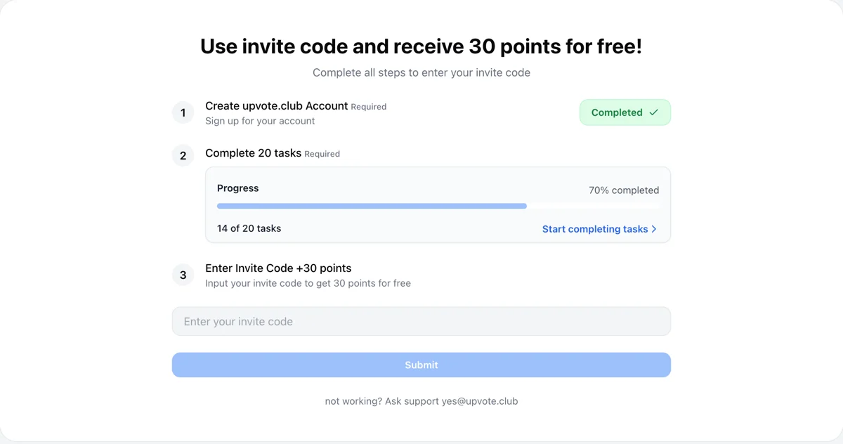 Earn extra points by inviting friends — Upvote.club interface