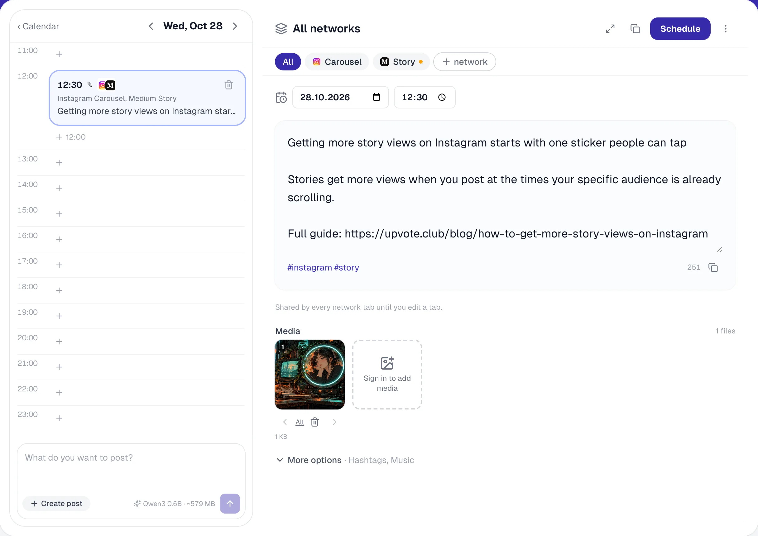 Free social media scheduler — Upvote.club interface