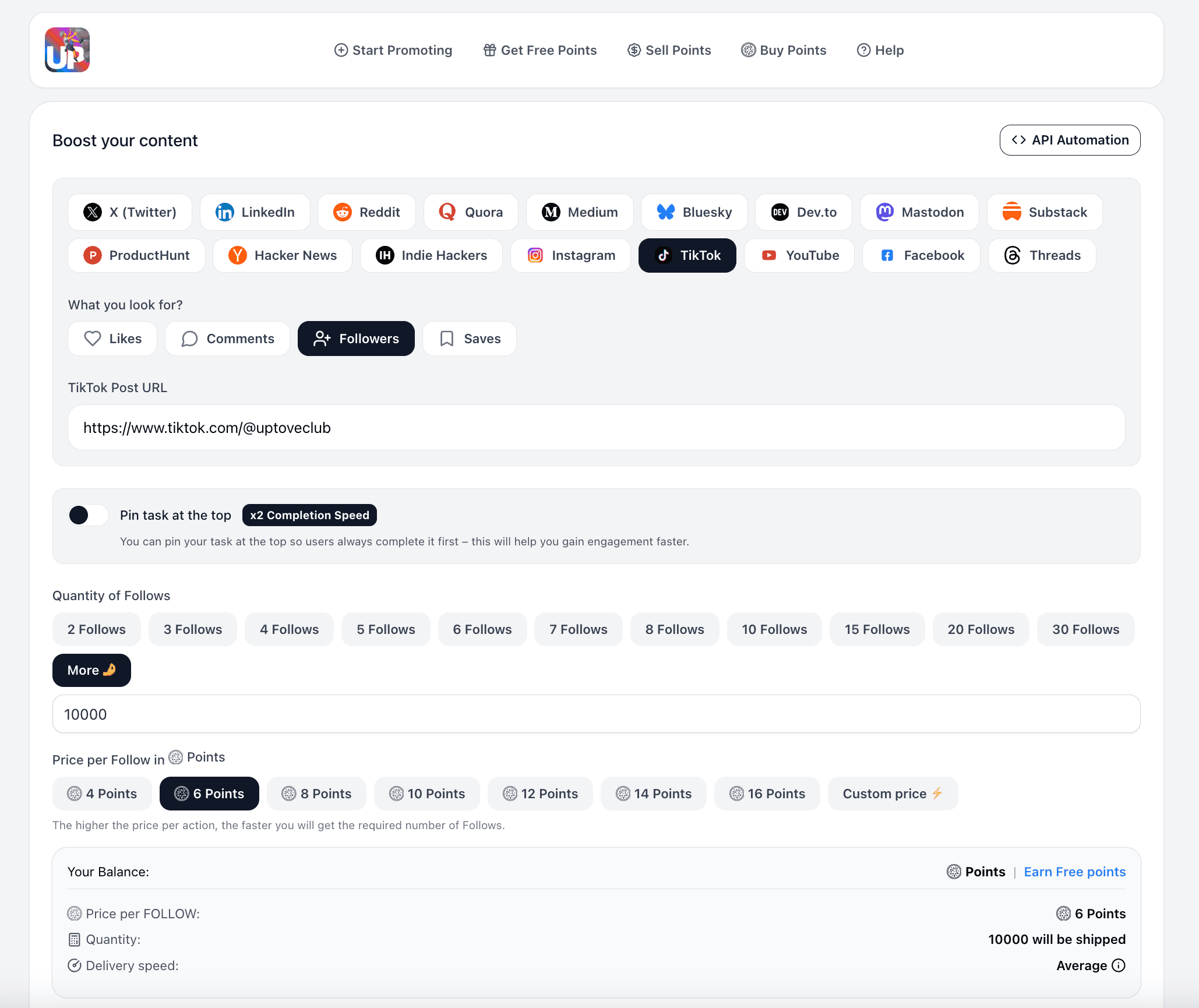 Create a TikTok Followers Task