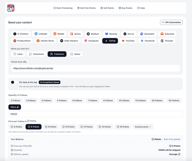 Create a TikTok Followers Task